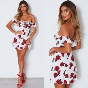 Red and White Floral Off the Shoulder Dress